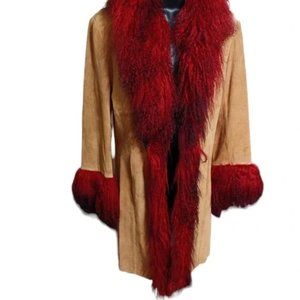 BEBE Tan Suede Jacket with Deep Red Mongolian Fur Trim